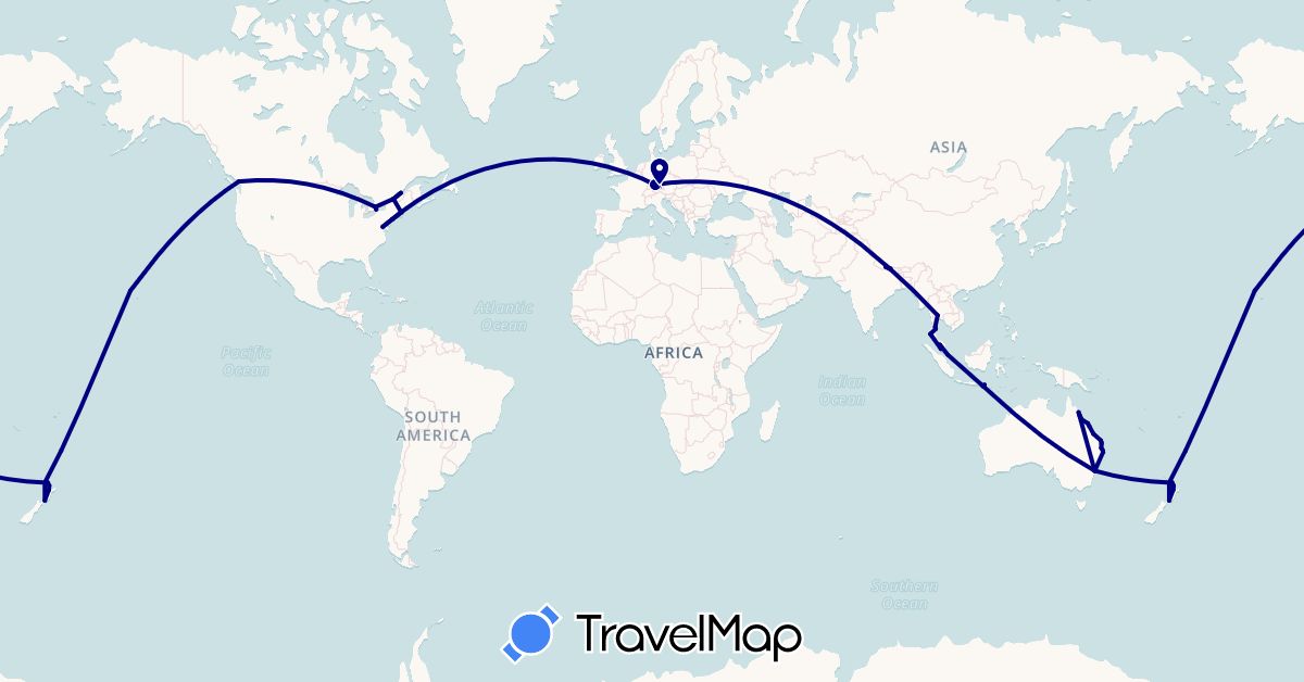 TravelMap itinerary: driving in Australia, Canada, Germany, Indonesia, Malaysia, Nepal, New Zealand, Singapore, Thailand, United States (Asia, Europe, North America, Oceania)